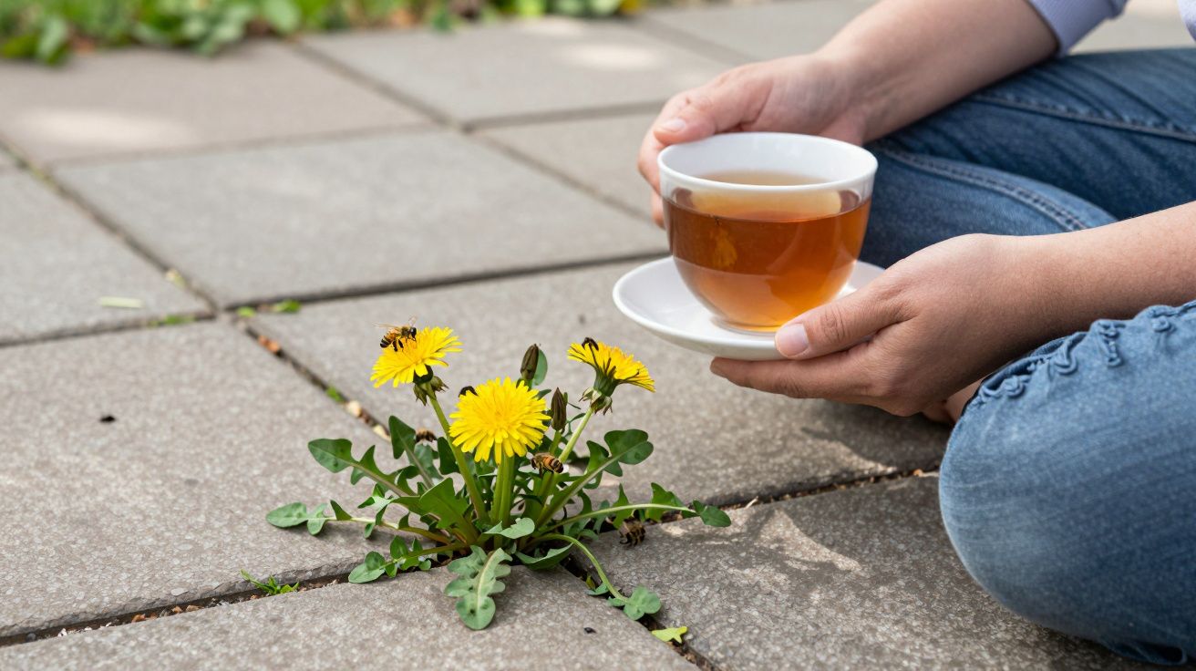 Person sitting on a patio holding tea, next to yellow dandelions growing between paving stones.