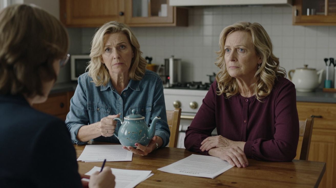 Two women sit at a table with papers, one holding a teapot, facing a person taking notes in a kitchen setting.