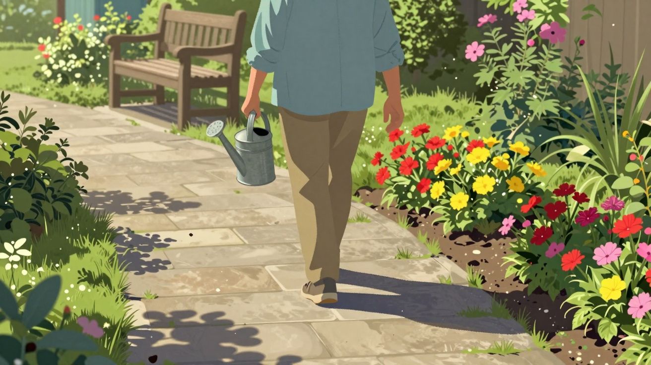 Person walking on garden path with watering can, surrounded by colourful flowers and a wooden bench.