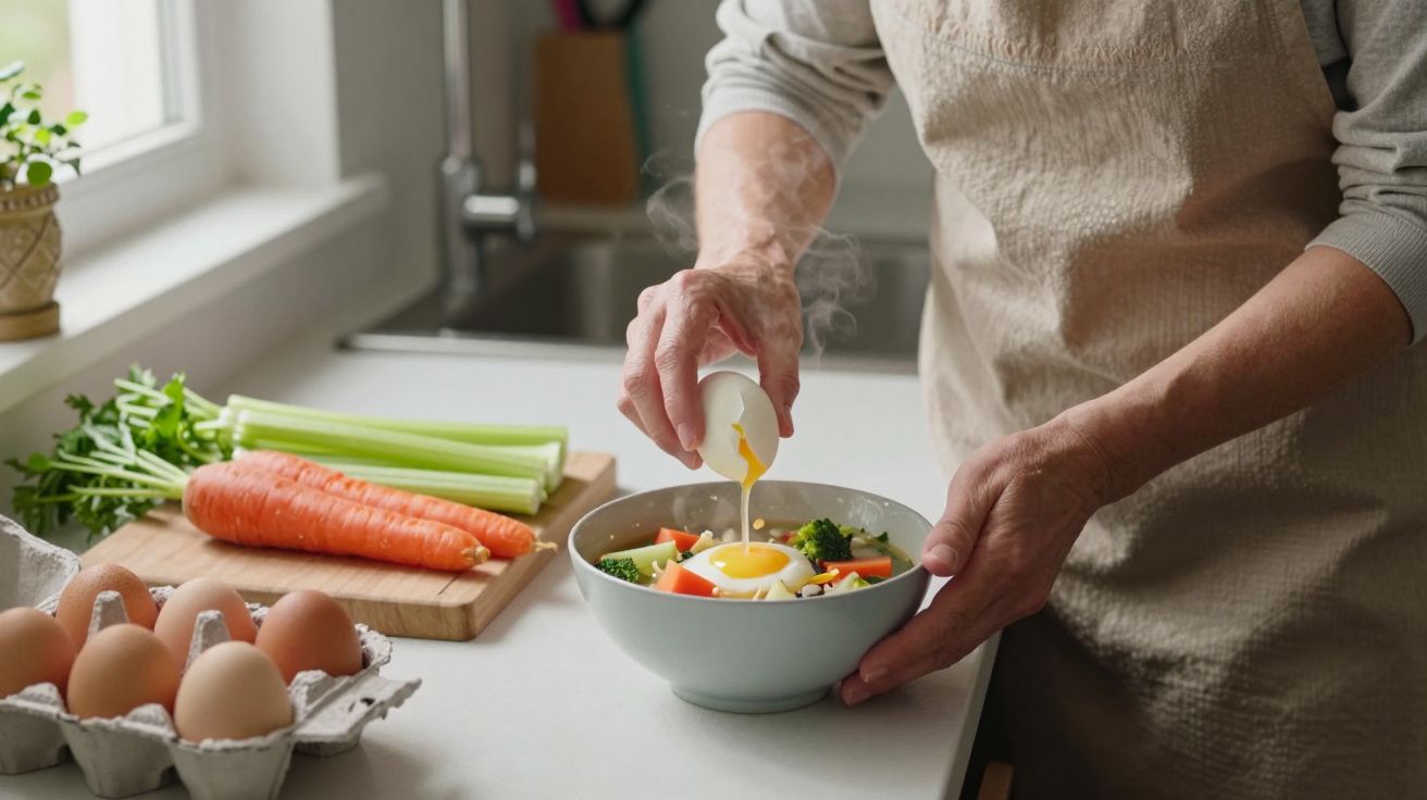 Person cracking an egg into a bowl with vegetables, carrots, celery, and eggs on a kitchen counter nearby.