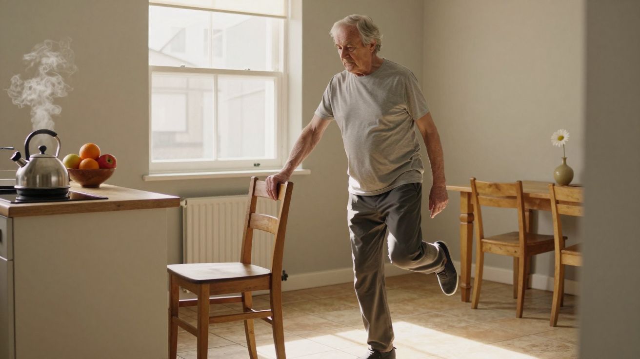 Elderly man balancing on one leg in a kitchen, holding a chair. Kettle steaming on the counter.