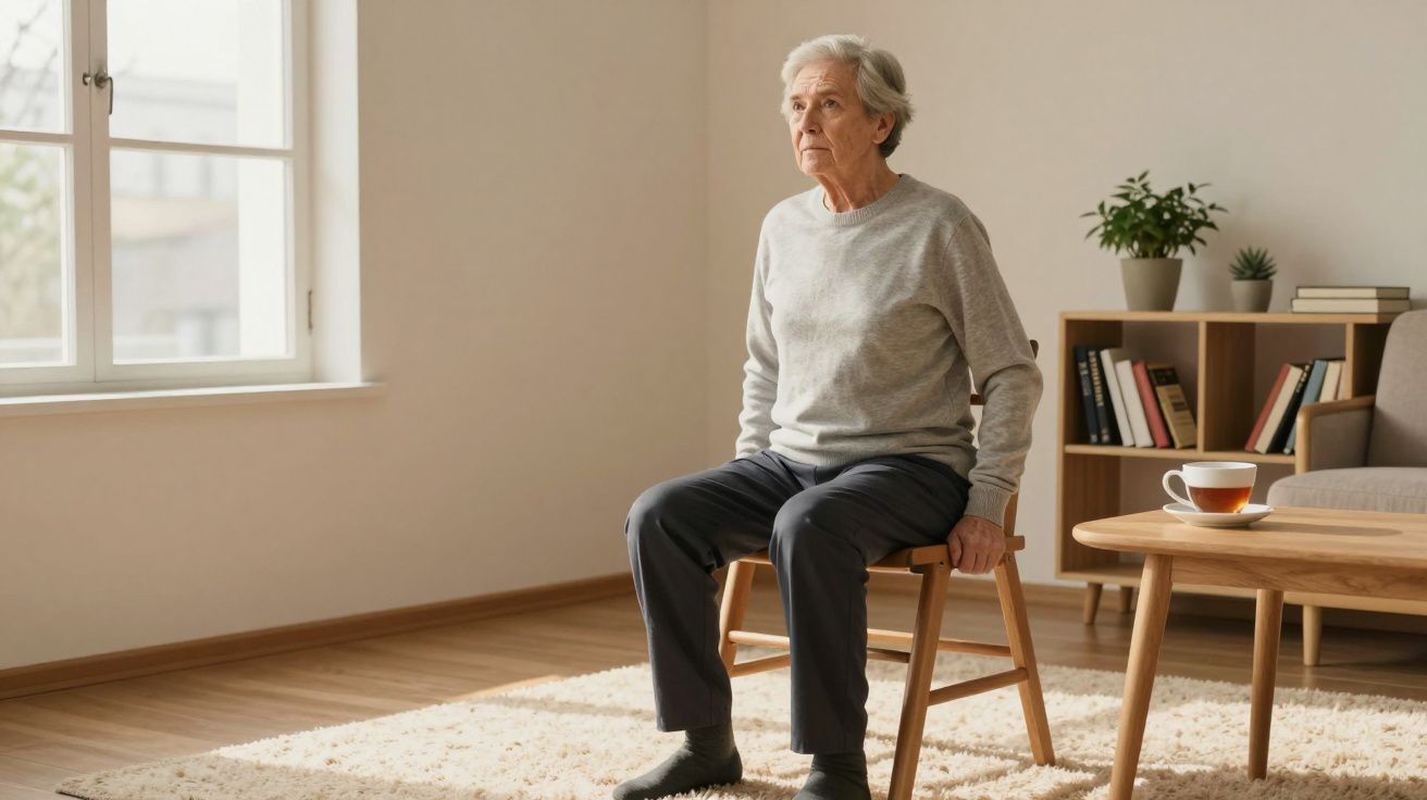 Elderly man sitting on a chair in a cosy living room with a cup of tea on the table and bookshelf in the background.
