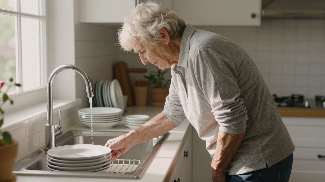 Elderly person washing dishes at a kitchen sink with sunlight streaming through the window.