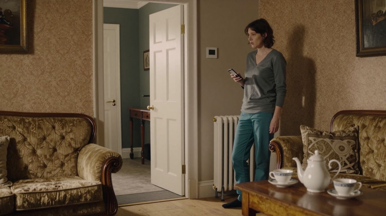 Woman in a living room with a cup of tea on the table, holding a remote control, standing near an open door.