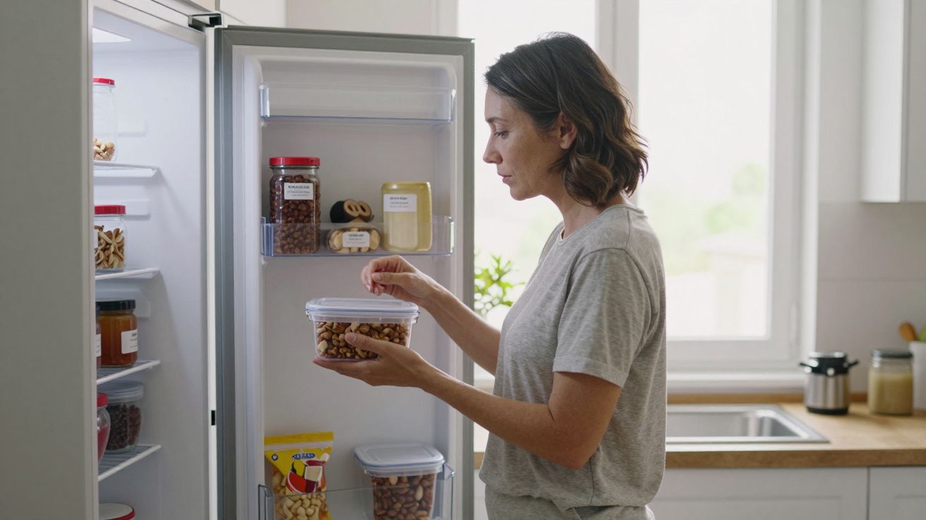 Woman in grey top taking a container of nuts from an open fridge in a kitchen with natural light.