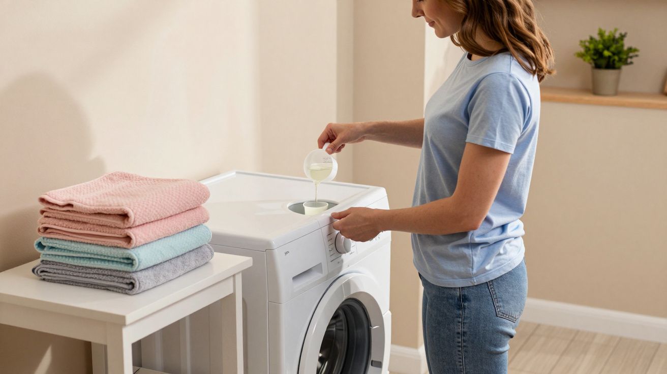Woman in blue t-shirt adding detergent to a washing machine, folded towels nearby on a white table.