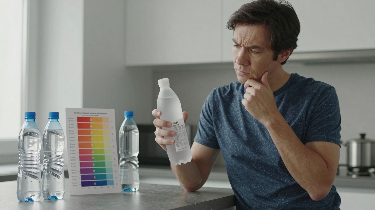 Man examining a white bottle at a counter, with three water bottles and a pH chart beside him in a modern kitchen.