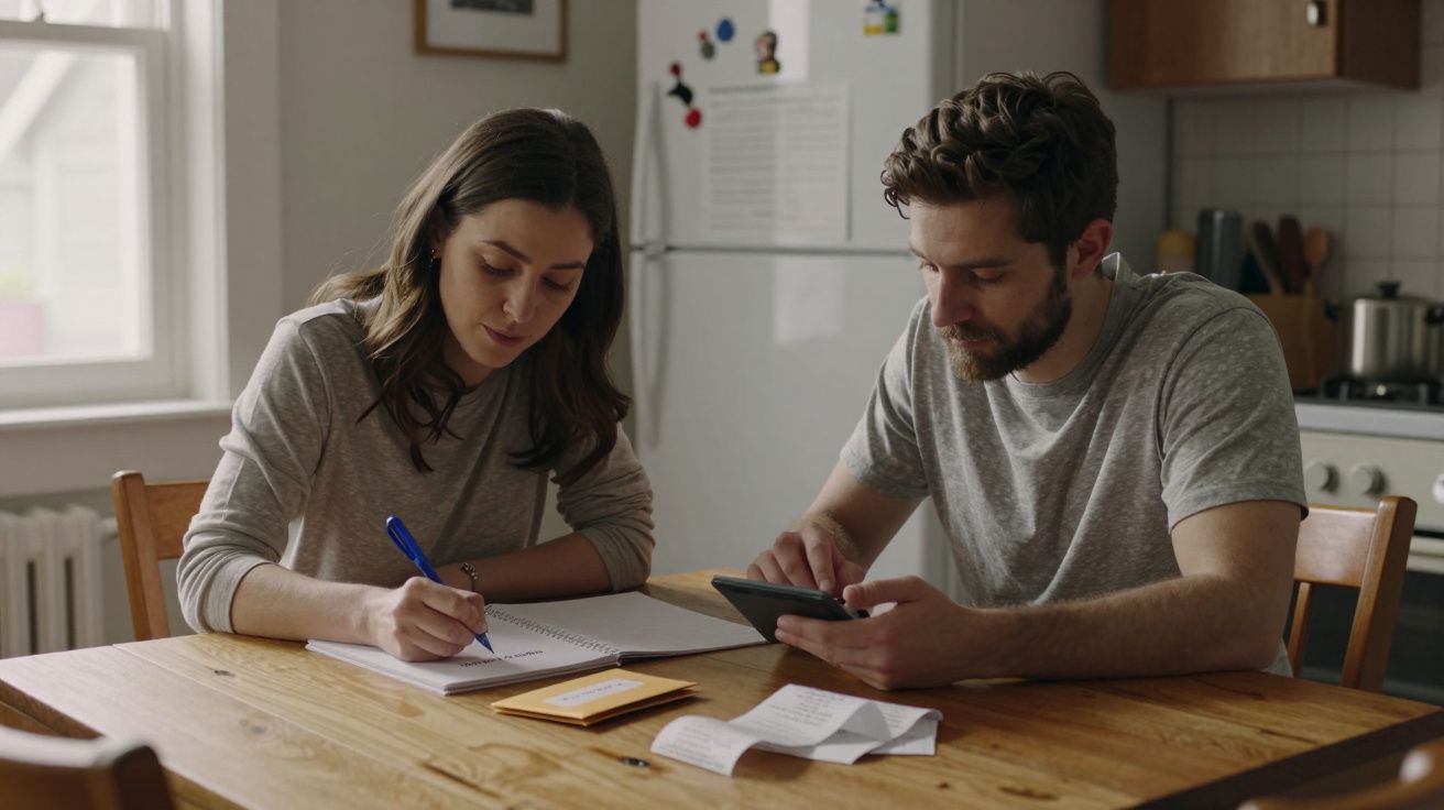 A couple sits at a kitchen table reviewing paperwork and using a calculator, with a notepad and pen in hand.