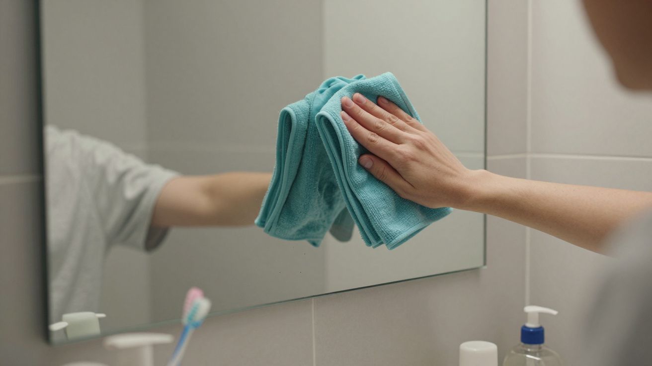 Hand cleaning a mirror with a turquoise cloth in a bathroom, with toiletries visible on the sink below.