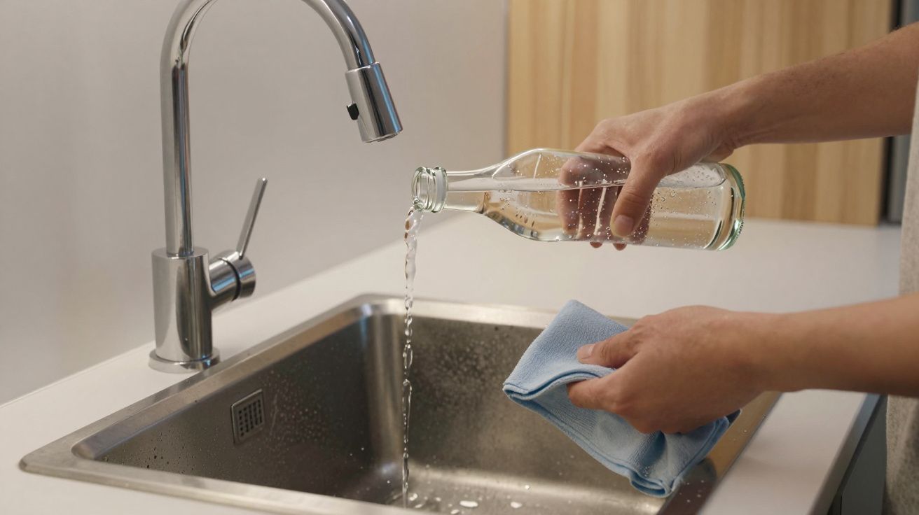 Person rinsing a glass bottle over a kitchen sink while holding a blue cloth.