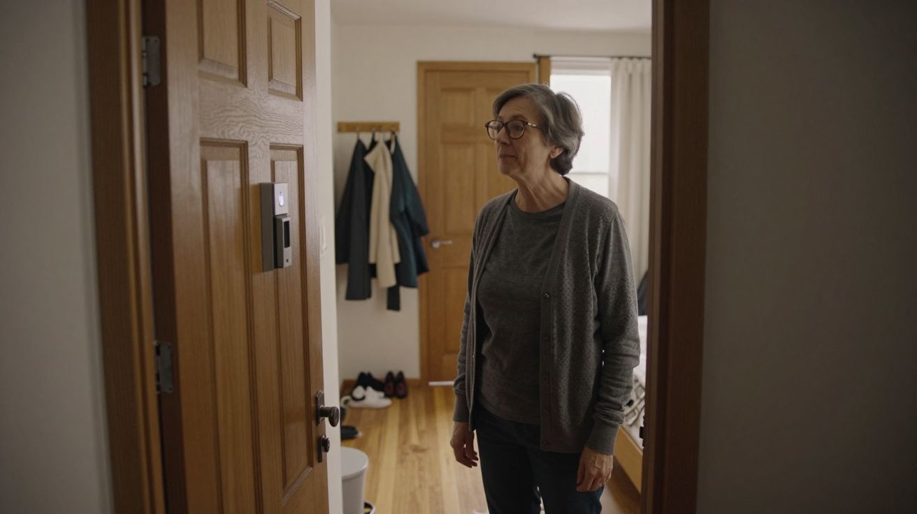 Elderly woman standing in a doorway, wearing glasses and a grey cardigan, with coats hanging in the background.