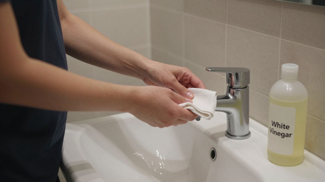 Person cleaning a sink tap with cloth, white vinegar bottle nearby.