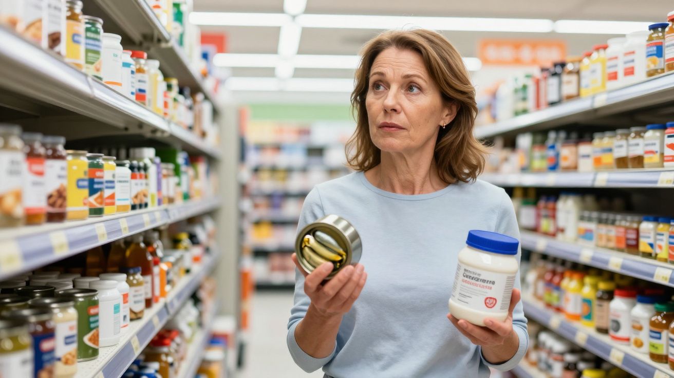 Woman in supermarket aisle holding a small tin in one hand and a jar in the other, appearing thoughtful.