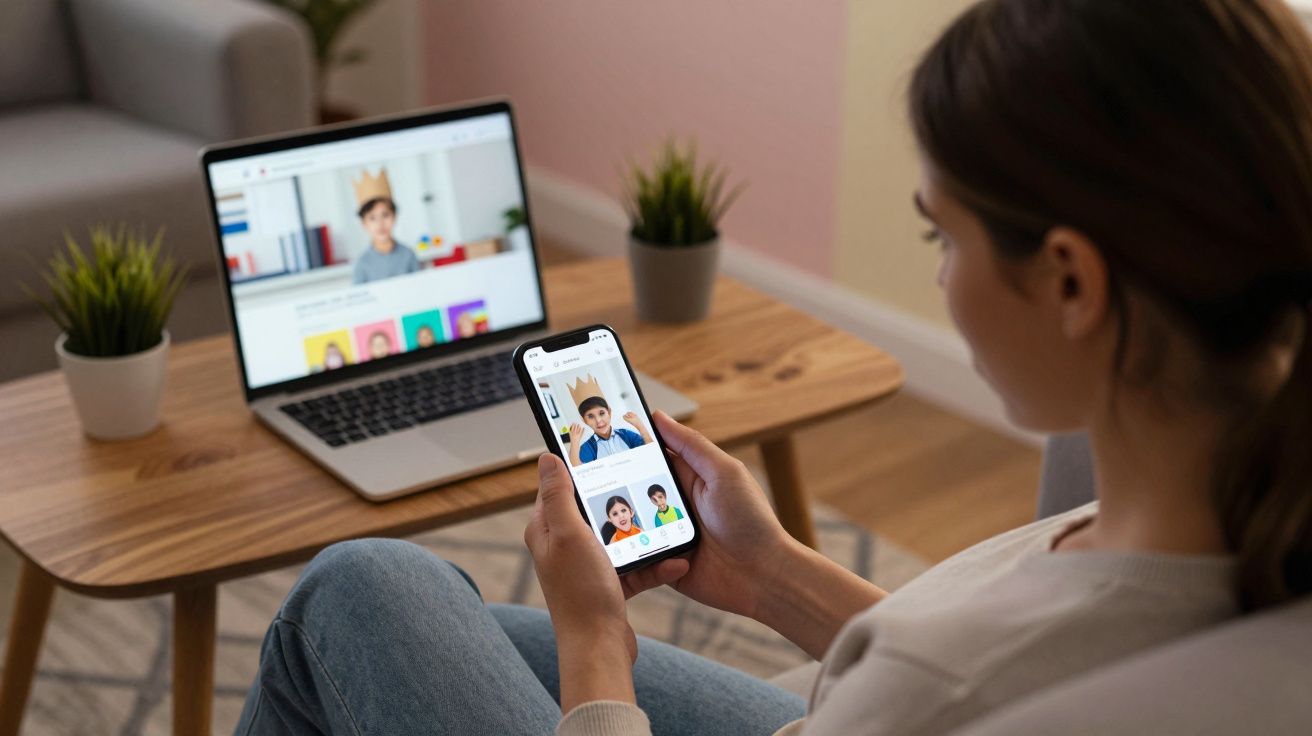 Woman sits on a sofa, browsing images on a smartphone and laptop on a wooden table.