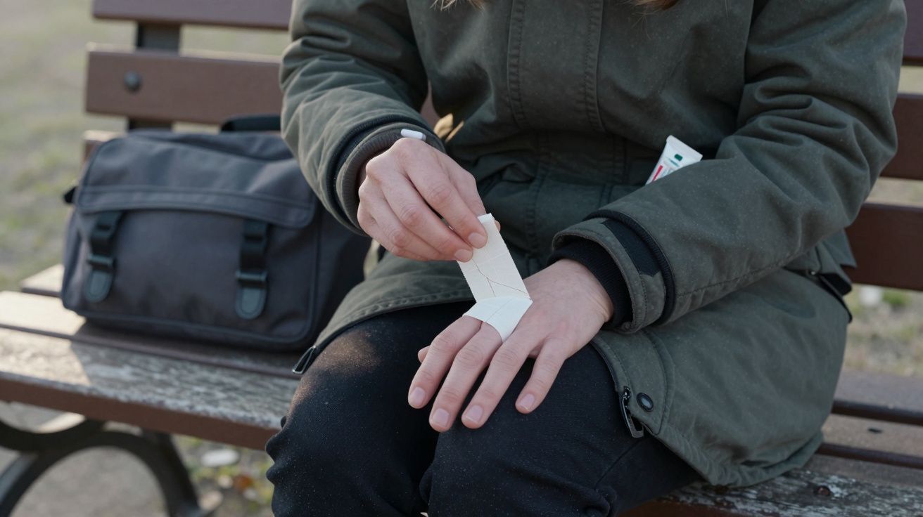 Person applying a bandage to hand while seated on a park bench with a grey bag beside them.