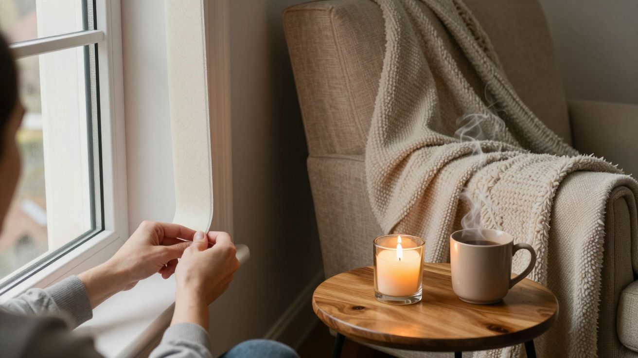 Person by window with lit candle and steaming mug on table; cosy blanket draped over beige armchair.