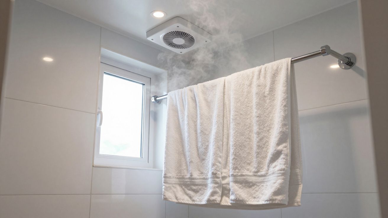 Steam rising near a bathroom ceiling fan with a towel hanging on a rail below a window.