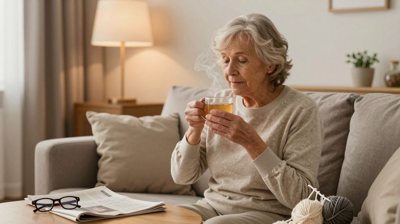 Elderly woman sipping tea on a sofa, with a newspaper and glasses on the table in a cosy living room.