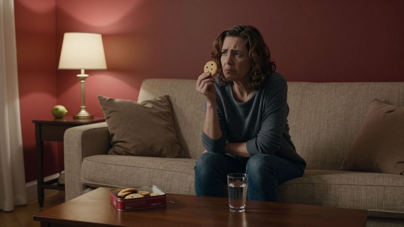 Woman sitting on a sofa eating biscuits, looking thoughtful, with a lamp and glass of water on a table in a cosy living room.