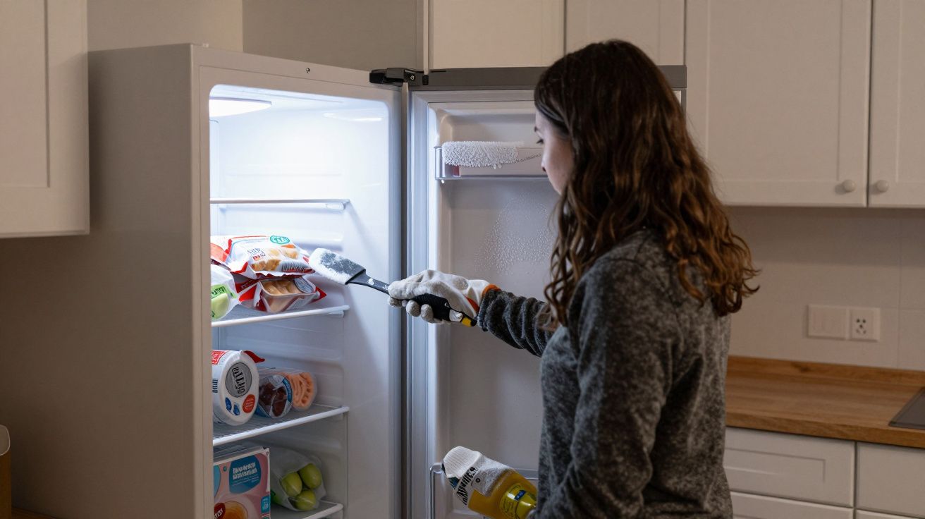 Woman cleaning an open freezer with a scraper in a kitchen, wearing gloves and holding a cleaning bottle.