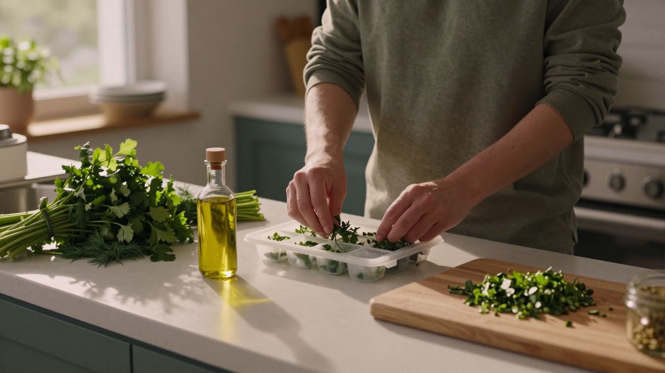 Person filling ice cube tray with chopped herbs near olive oil and cutting board in a kitchen.