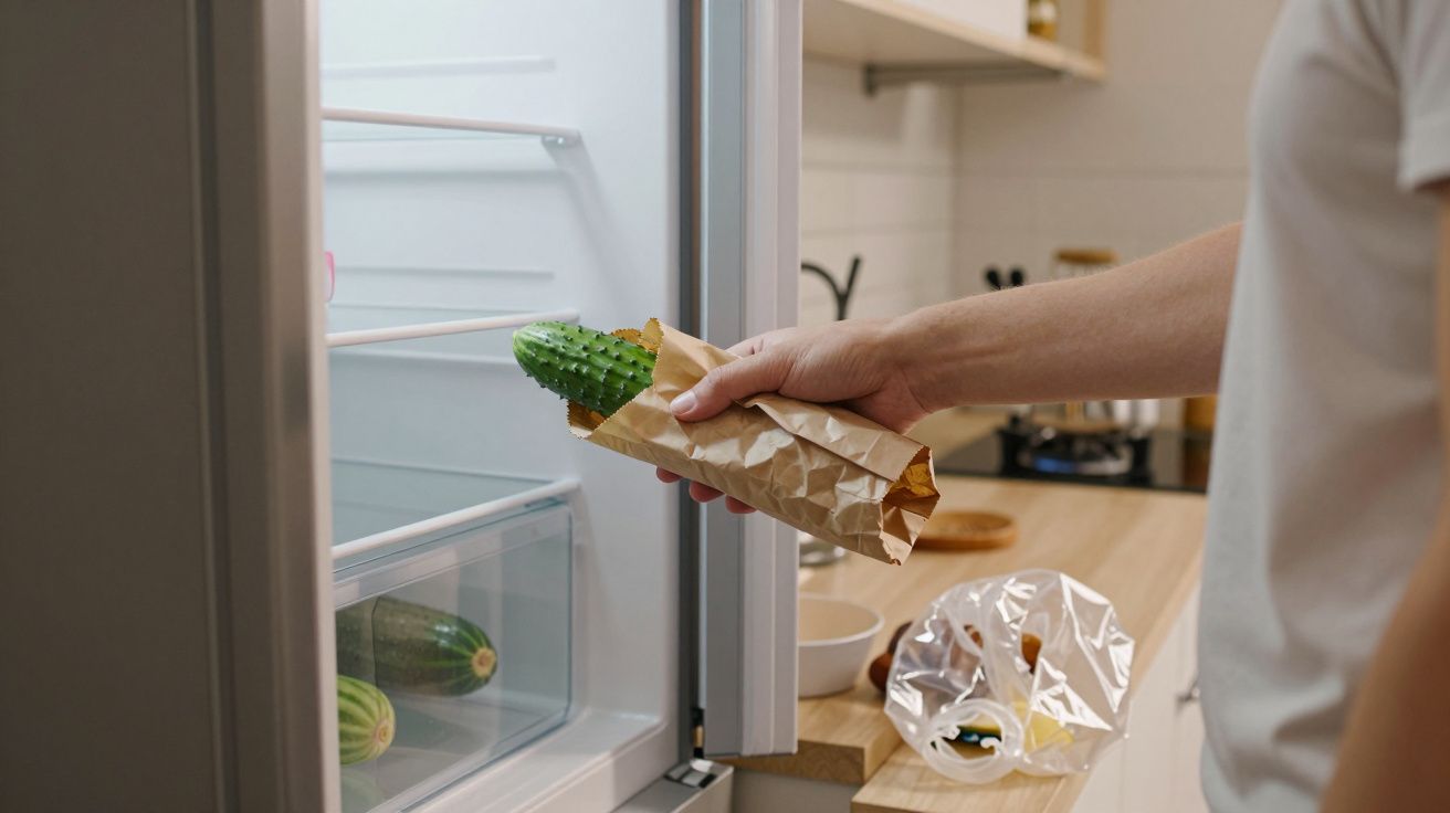 Person placing a wrapped cucumber into a fridge, kitchen countertop visible in background.