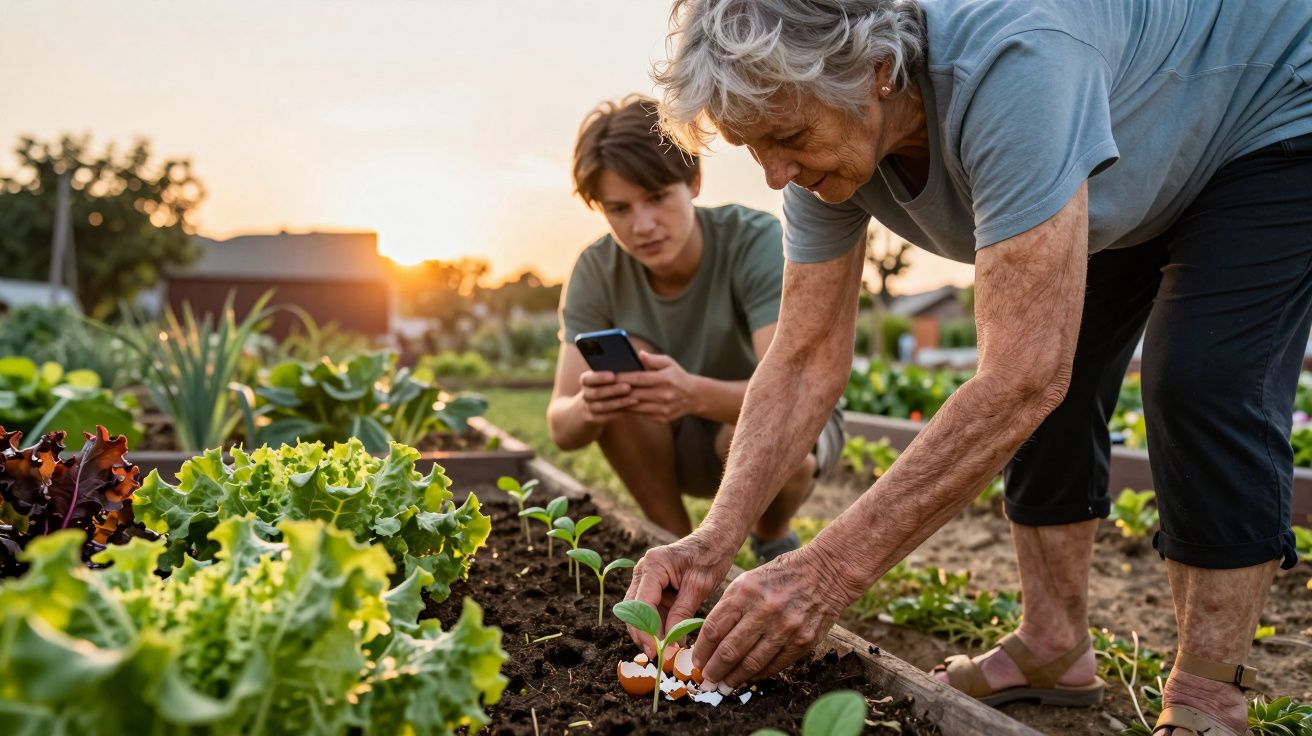 Elderly woman plants seedlings in garden, while young man with phone observes at sunset.