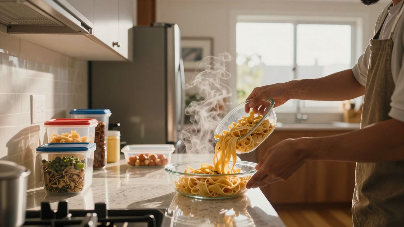Person cooking pasta in a sunny kitchen, transferring steaming tagliatelle into a glass bowl on a white marble countertop.