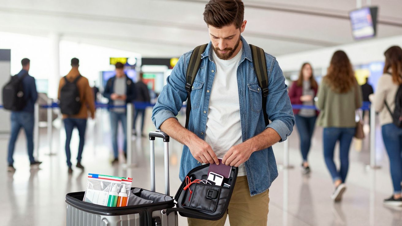 Man at airport packs luggage, placing items in backpack, with suitcase open beside him.