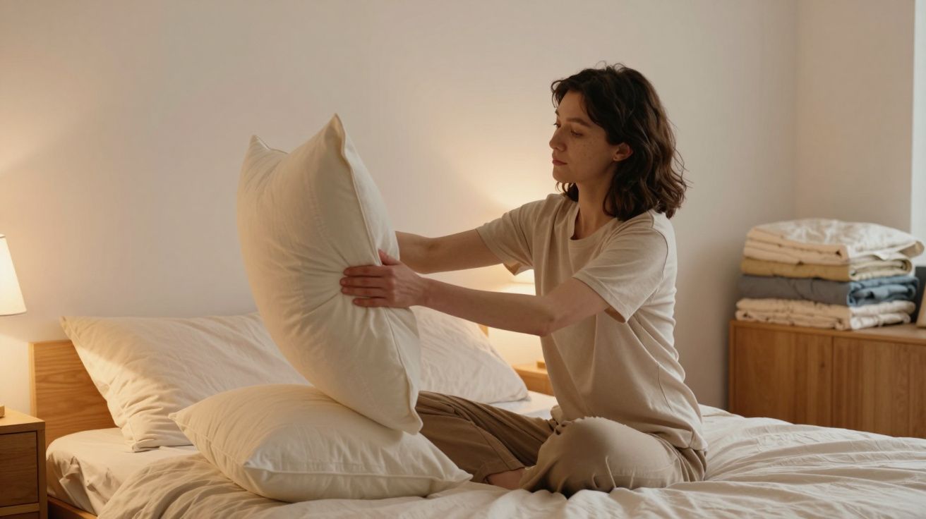 Woman arranging pillows on a neatly made bed in a cosy, well-lit bedroom with folded towels on a wooden dresser.