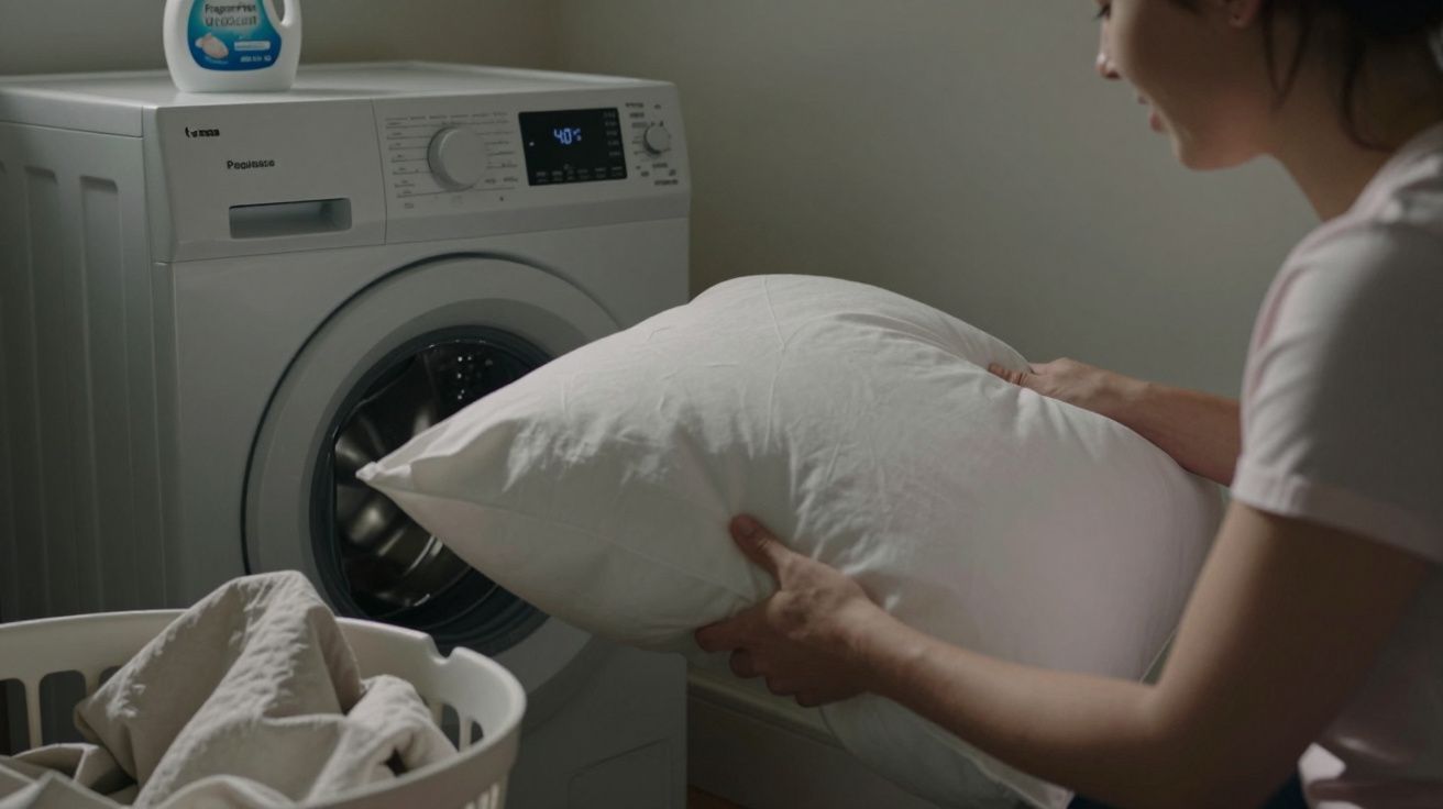 Person placing a white pillow into a front-loading washing machine, next to a laundry basket and detergent bottle.