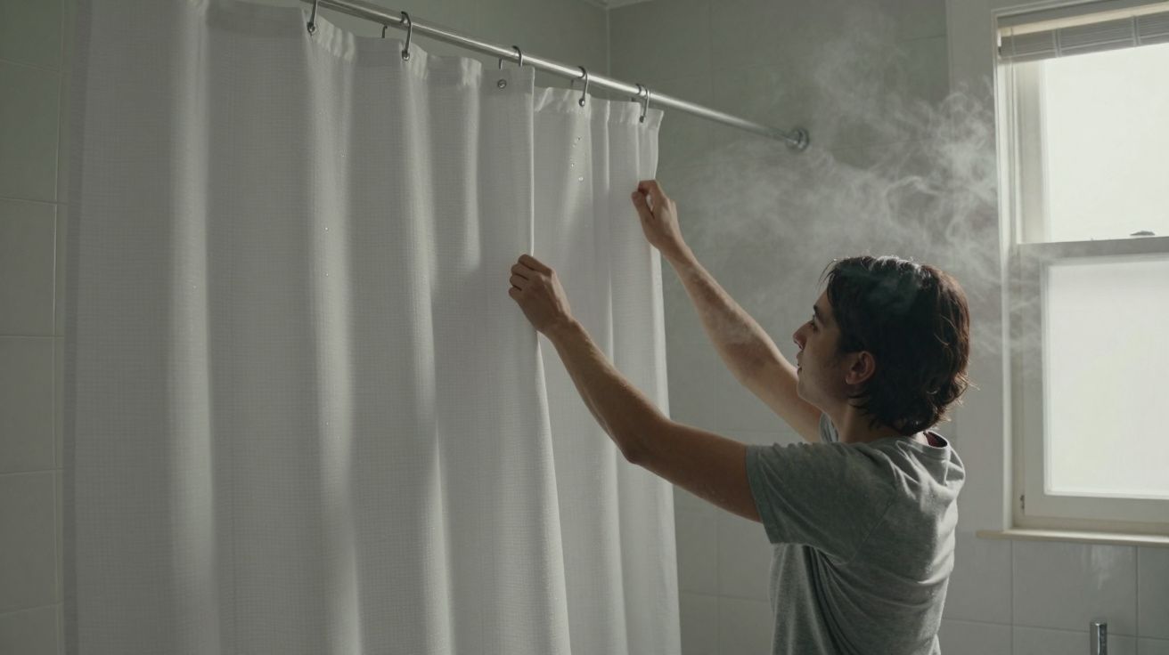 Person in grey T-shirt adjusting white shower curtain in steamy bathroom with window and tiled walls.