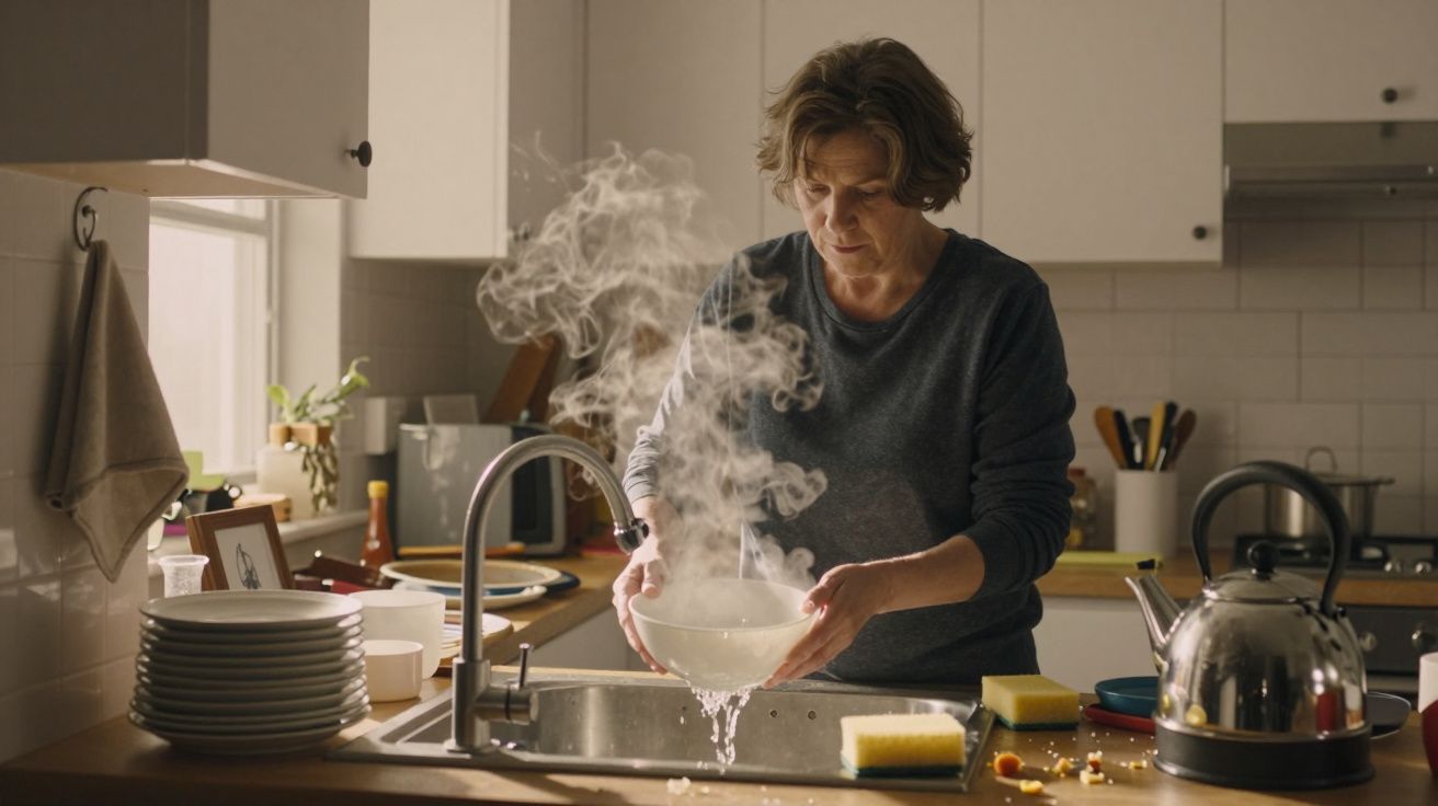 A person in a kitchen holding a steaming bowl over a sink, with dishes, sponges, and a kettle nearby.