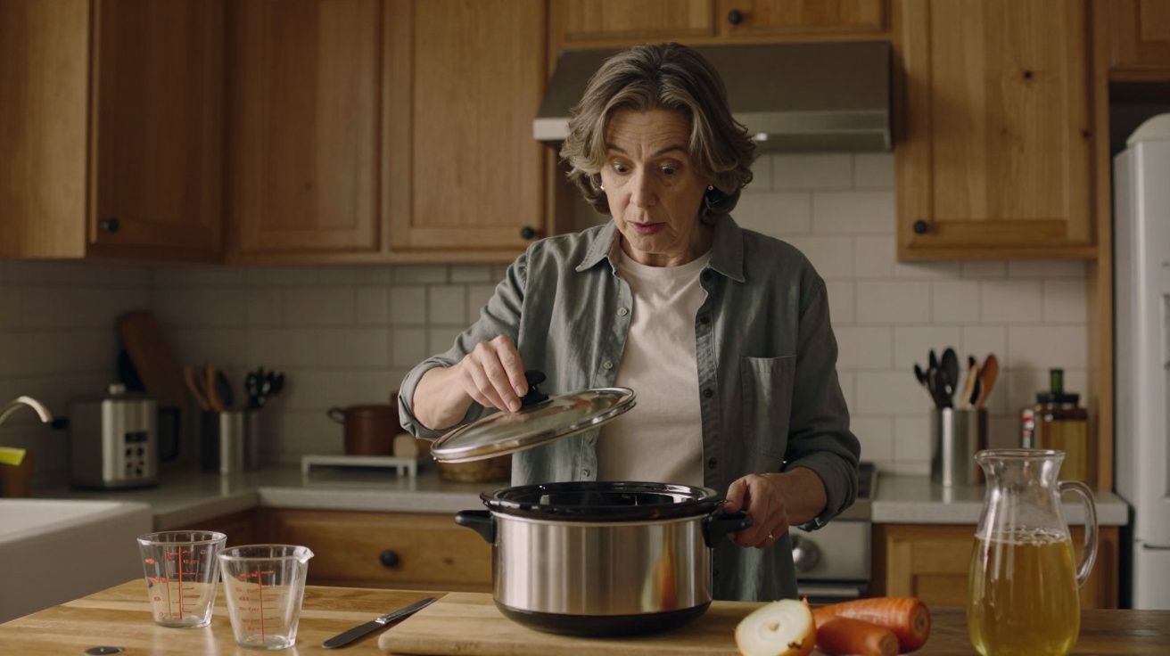 A woman in a kitchen looks into a slow cooker, surrounded by ingredients like a sliced onion and a carrot.