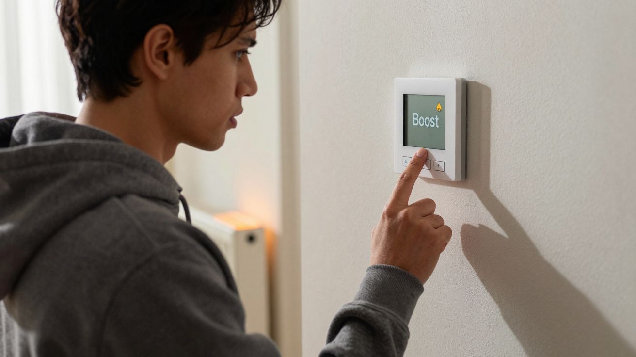 Person in a grey hoodie adjusting a smart thermostat with "Boost" displayed on the screen.