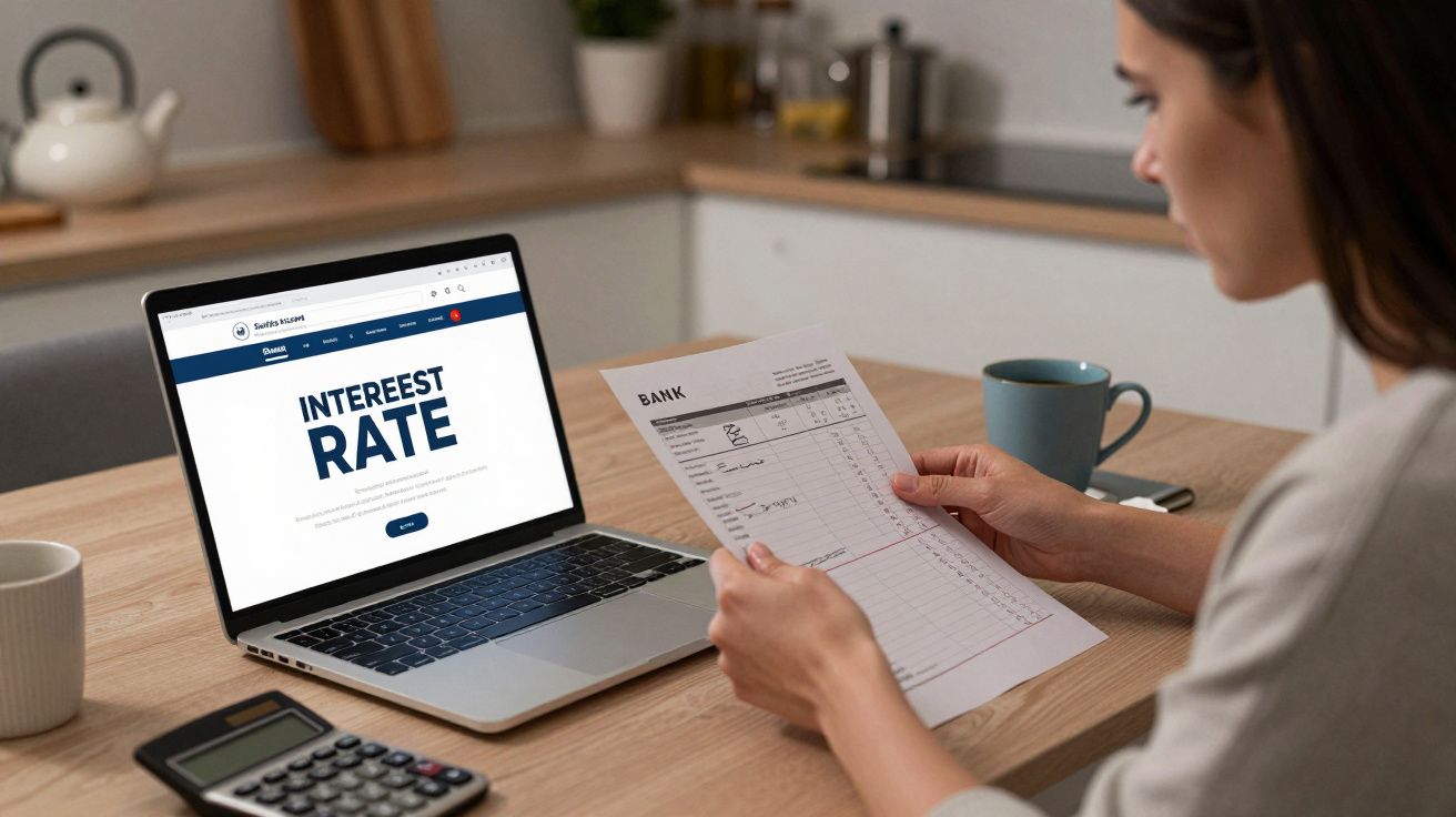 Woman reviewing bank statement at home with a laptop displaying interest rate info, a calculator, and a mug nearby.