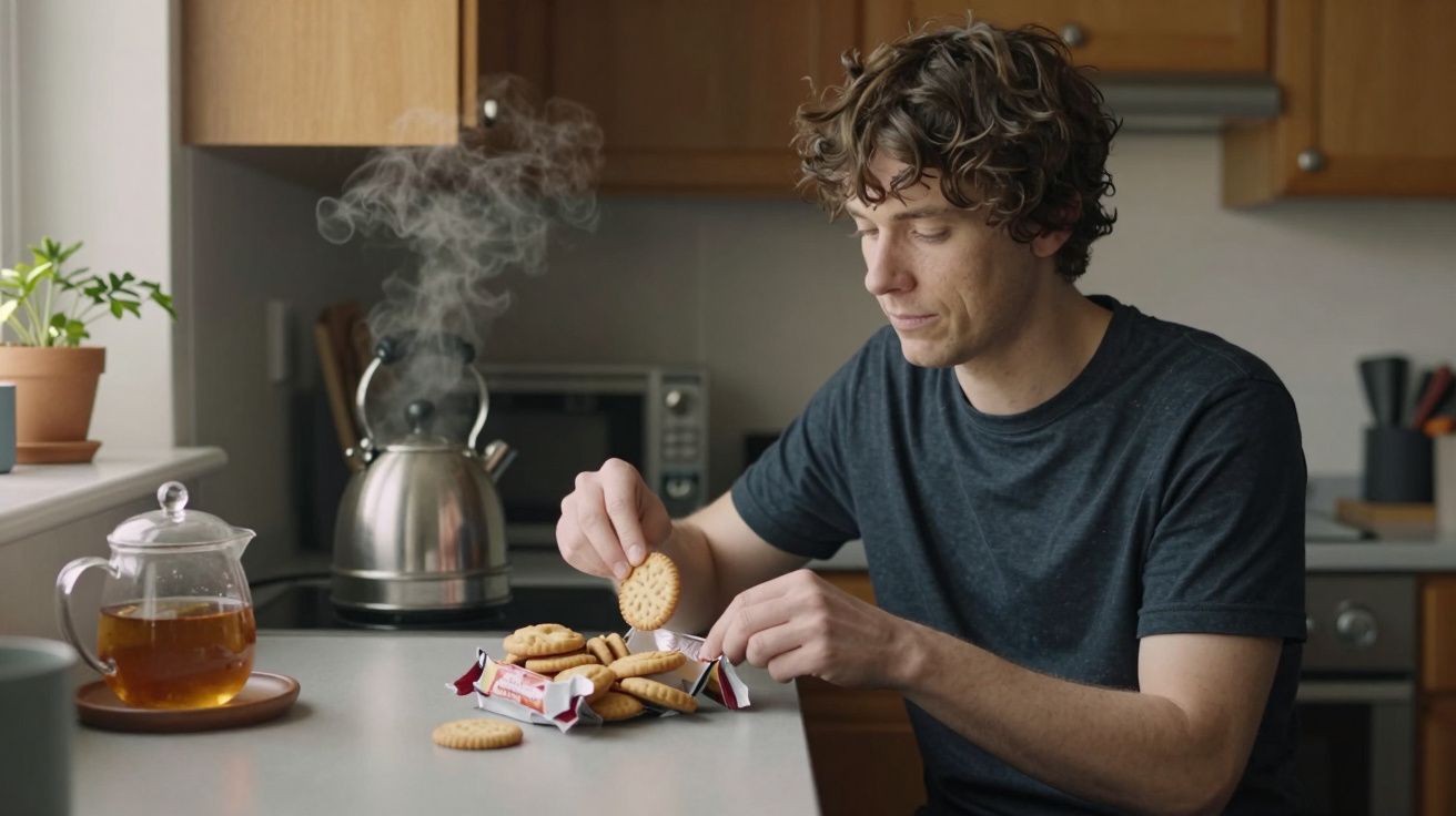 Man in kitchen enjoying biscuits with tea, kettle steaming on hob, and a plant on the windowsill.