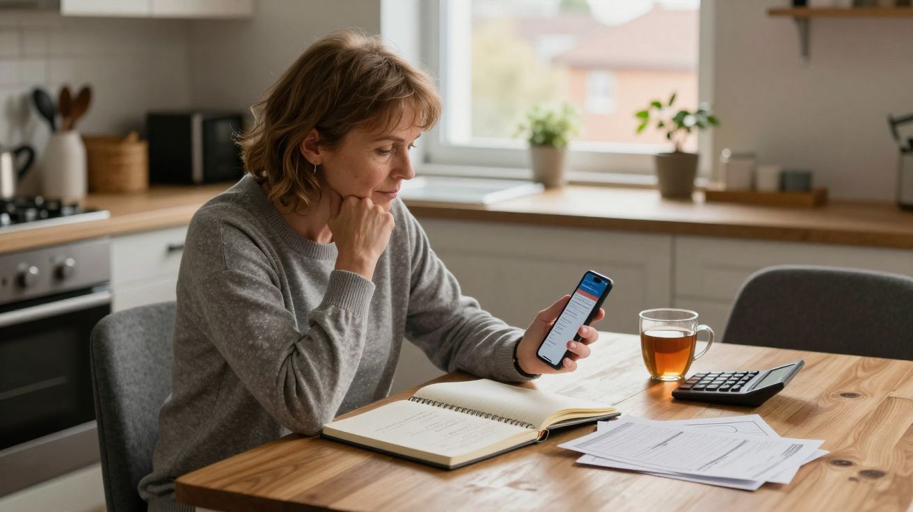 Woman reading a smartphone at a kitchen table with a notebook, papers, calculator, and a cup of tea.