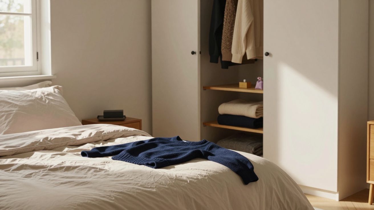 Minimalist bedroom with an open wardrobe, white bedding, a navy jumper on the bed, and soft natural light.