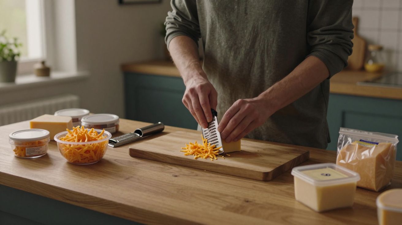 Person grating cheese on a wooden board in a kitchen, surrounded by bowls and containers of cheese.