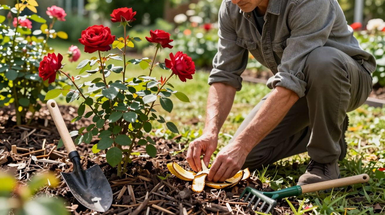 Gardener placing banana peels at the base of a rose bush, with a shovel and rake nearby.