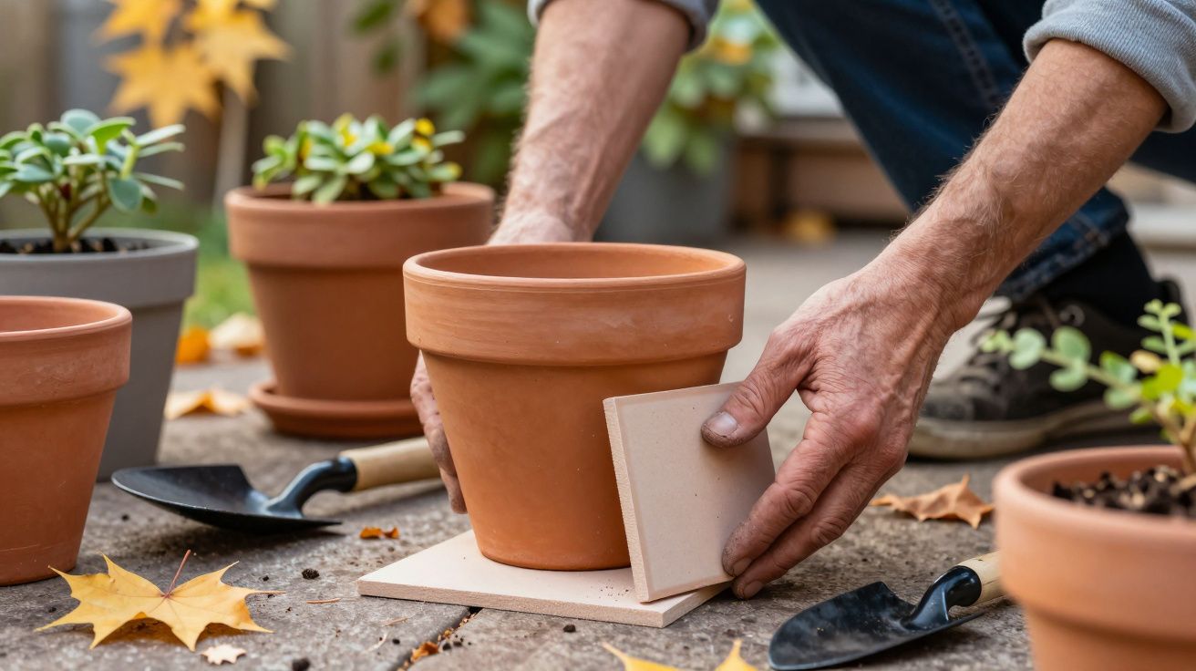 Person arranging terracotta plant pot on patio slab, surrounded by autumn leaves and gardening tools.