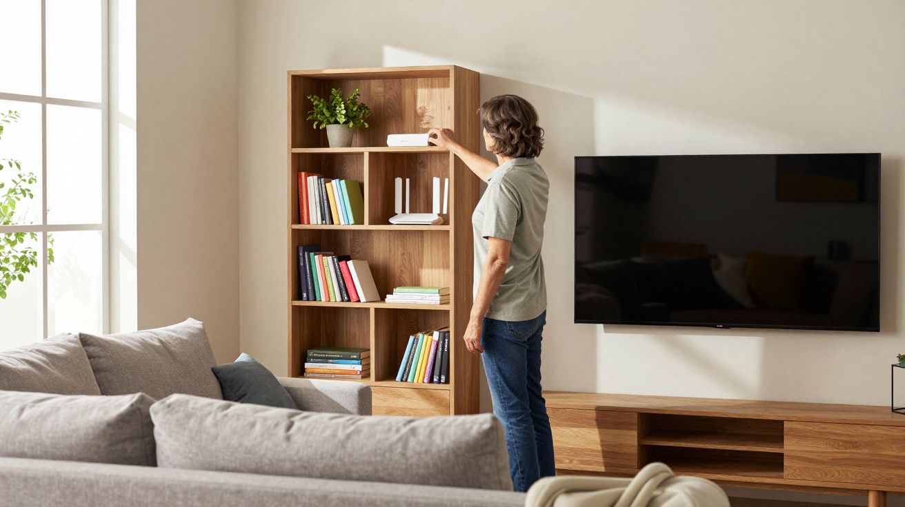 Woman arranging books on a wooden shelf in a living room with a sofa and wall-mounted TV.