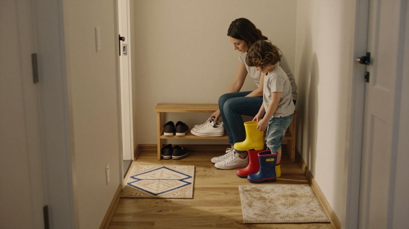 Woman and child in hallway, sitting on a bench, putting on shoes. Child holds yellow boots, shoes on shelves below.