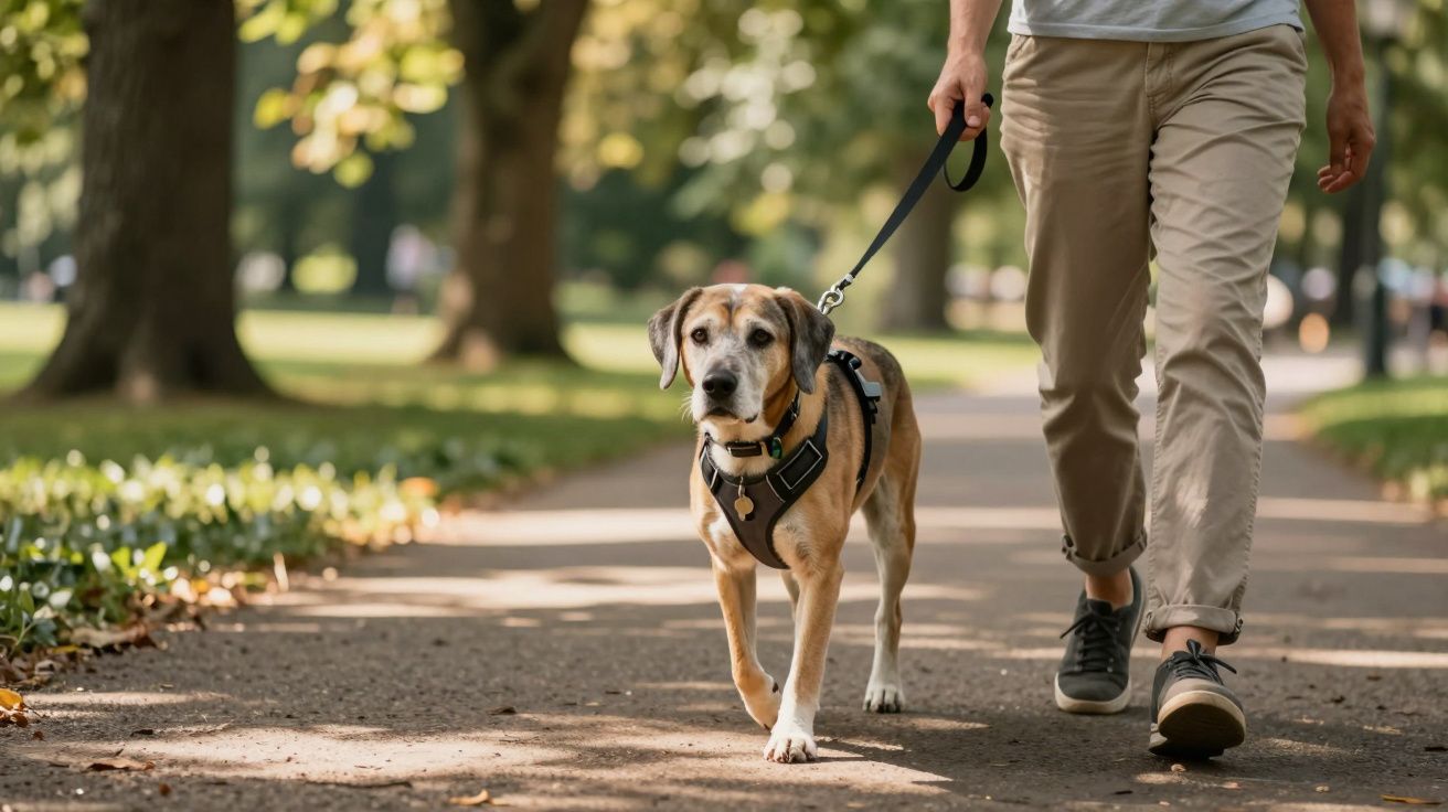 Person walking a dog on a lead down a tree-lined path in a park.