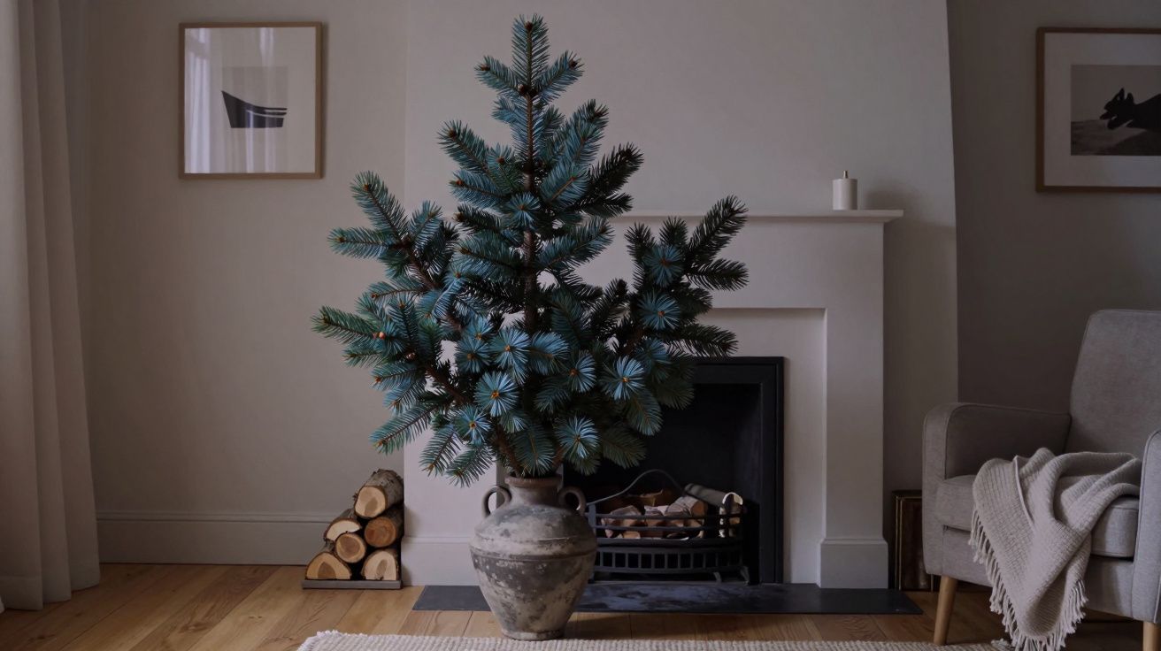 Potted pine tree in a living room by a fireplace, with logs, a cream sofa, and wall art in a minimalist setting.