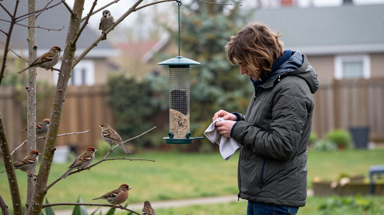 Person in a garden cleaning a bird feeder, surrounded by several perched small brown birds on a tree.