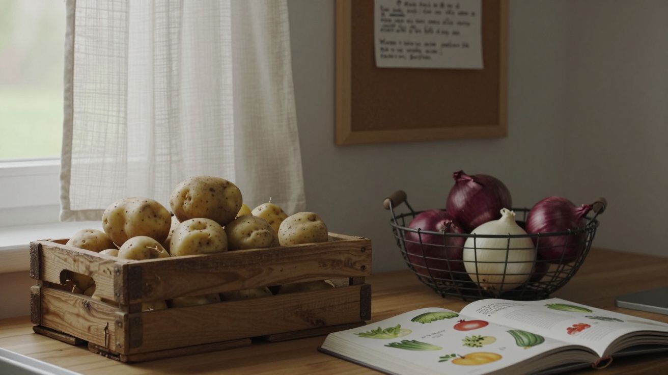 Wooden crate of potatoes and basket of onions on kitchen counter with an open book and curtained window.