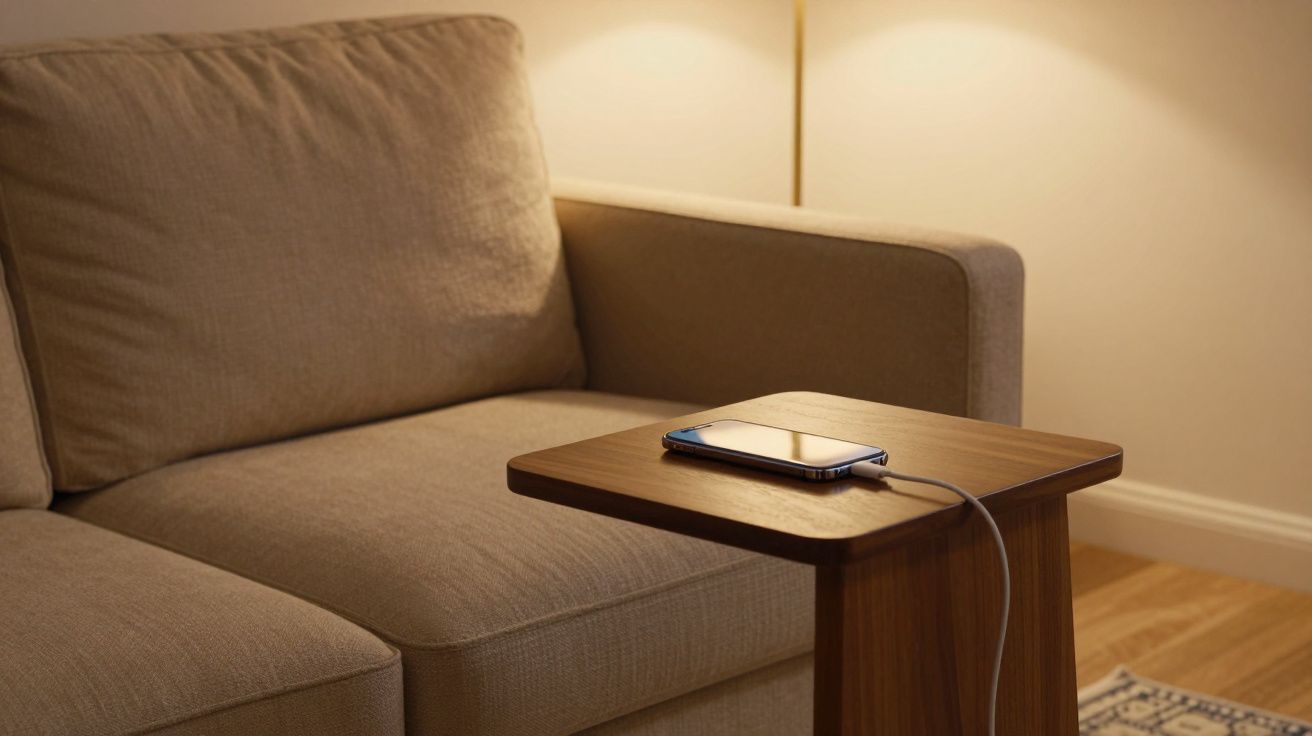 Charging phone on a wooden side table beside a beige sofa in a warmly lit living room.