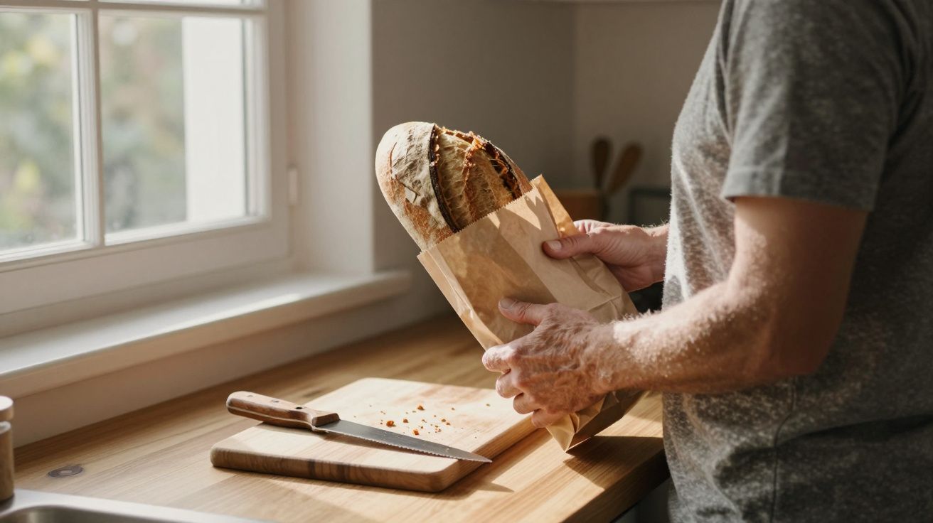 Person holding a paper bag with a loaf of bread in a kitchen, with a knife and board on the counter.